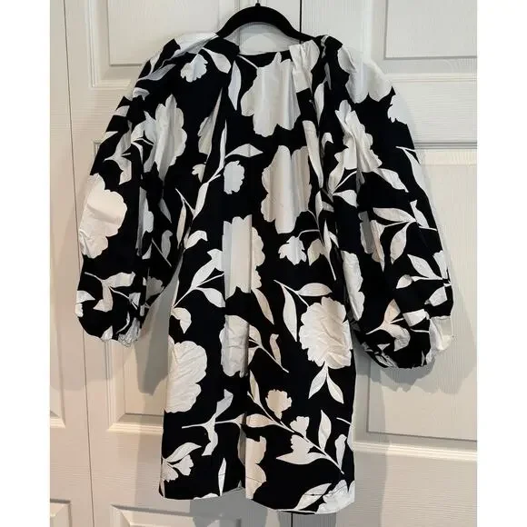 NEW Kate Spade Rose Poplin Balloon Black White Sleeve Mini Dress - Picture 6 of 8